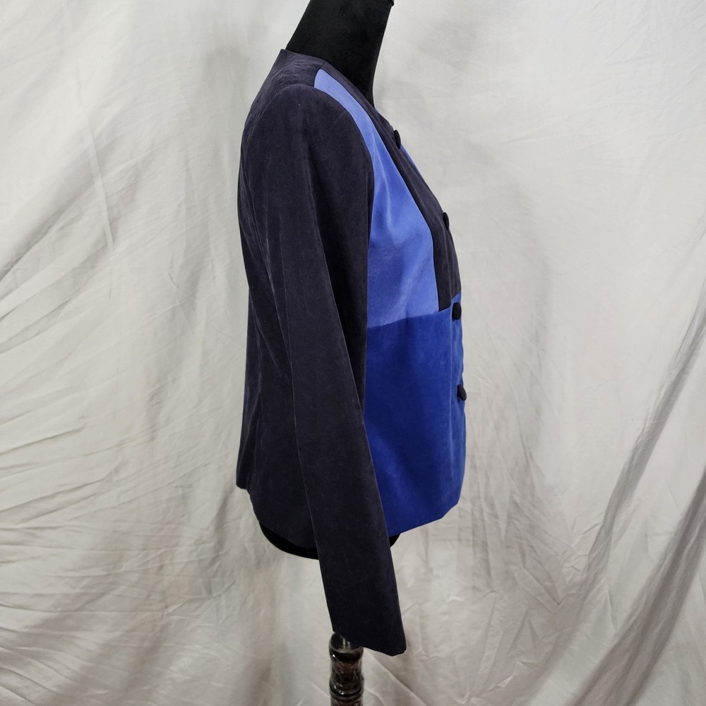 Vintage LESLIE FAY Size 8 Blue Colorblock 2pc Micro Suede Skirt Suit Collarless - Picture 4 of 14